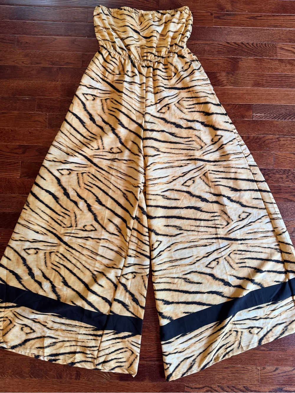 Strapless Lightweight Tiger Print Jumpsuit Wide Leg Black Trim Summer Resortwear